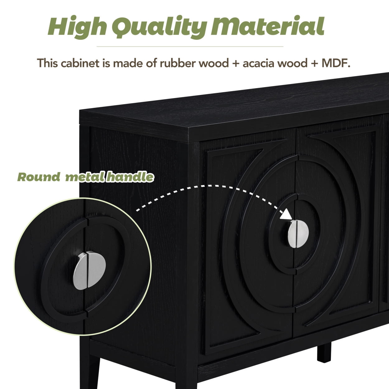 Retro Console Table, Modern Buffet Sideboard with 4-Doors and Adjustable Shelves, Entryway Sofa Table with Circular Groove Design and Metal Handle for Living Room Bedroom Hallway, Black