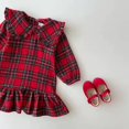 thumbnail image 2 of Vestido de niña, ropa de otoño, ropa para niños, vestido de moda con solapa a cuadros y costura roja para niños, 2 of 6