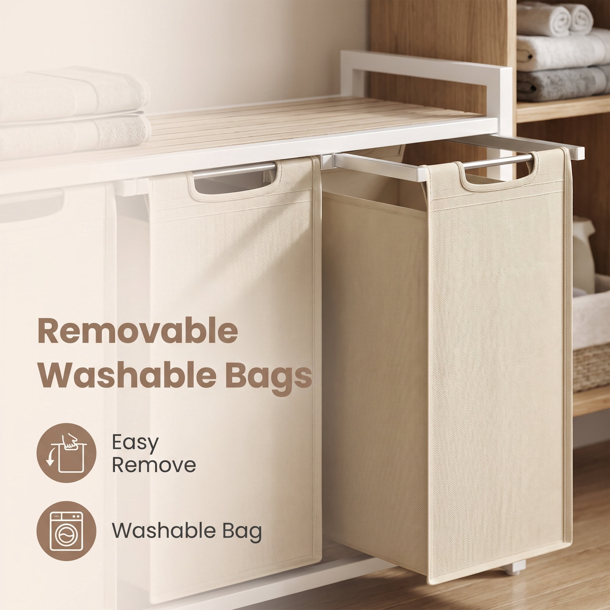 Ledrem 3-Bag Laundry Sorter Hamper with Pull-Out Bags and Shelf,Cappuccino Beige and Natural Beige