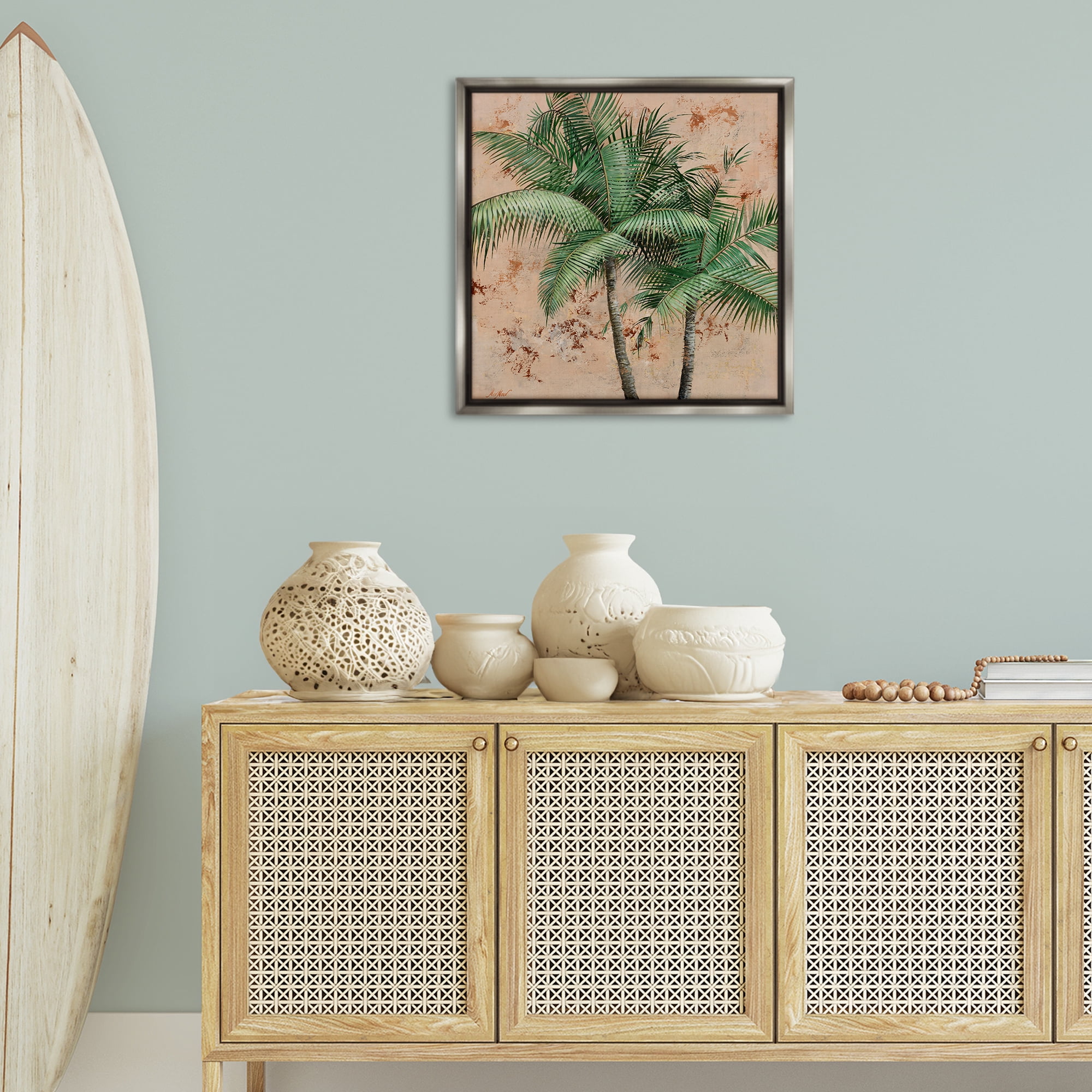Stupell Industries Leafy Palm Fronds Botanical & Floral Painting Gray Floater Framed Canvas Art Print Wall Art, 25 x 25