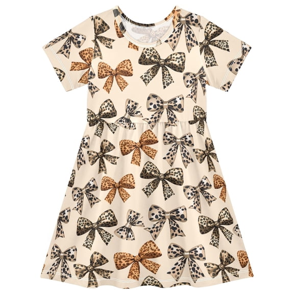 joogoo Leopard Bows Girls' Short Sleeve Dress Kids Dresses 5-6T