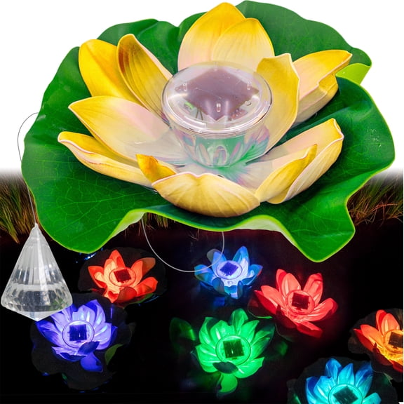 Solar Floating Lotus Flower Pool LED Lights - w/ Crysal Relfecting Anchor, Color Changing, Waterproof Pond Lily Pad Light Decor with Automatic Lights & Solar Panel - 1PC, Red