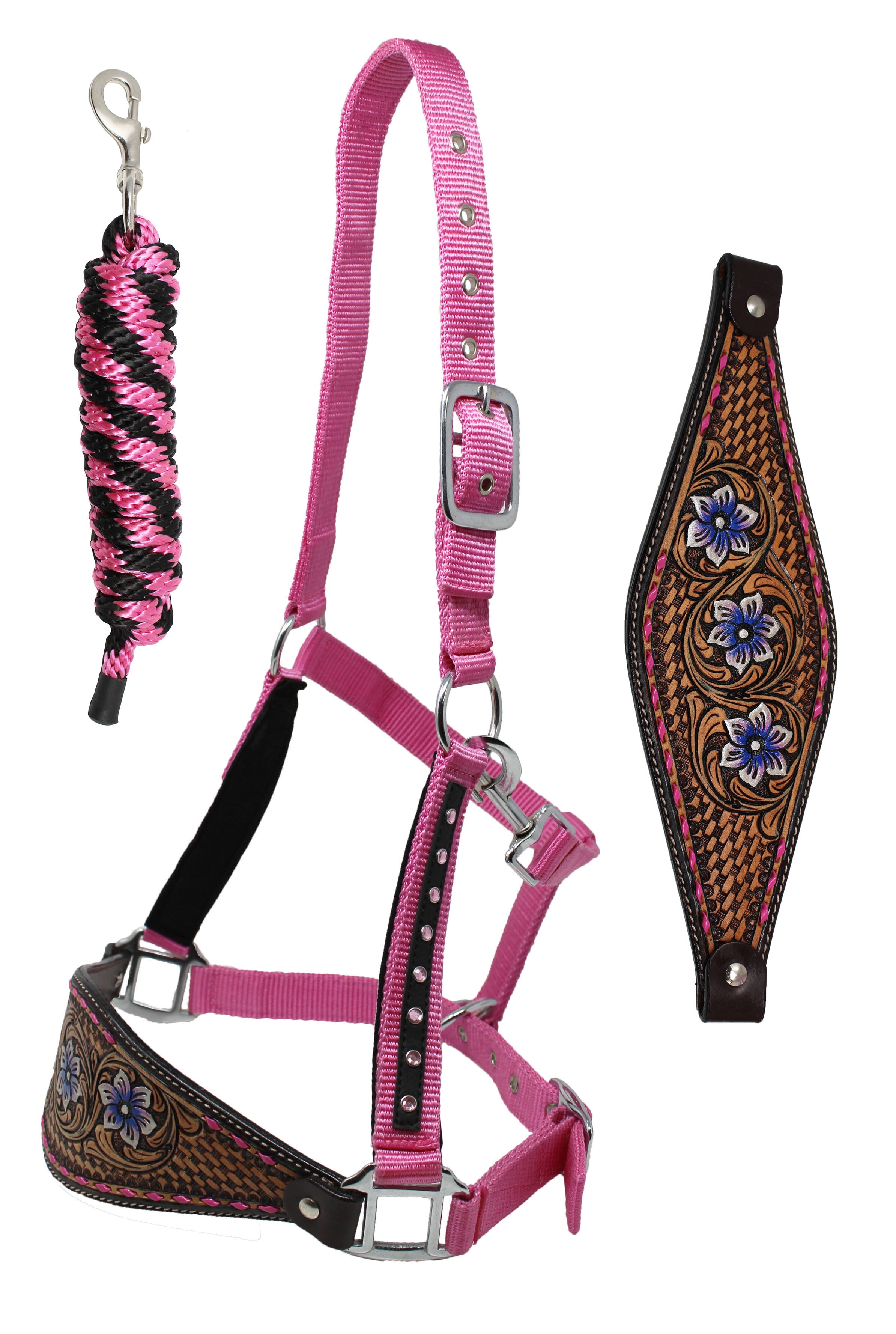 Challenger Horse Noseband Tack Bronc Leather HALTER Tiedown Lead PINK