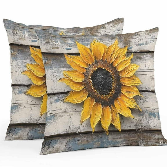 Waterproof Throw Pillow Covers Set of 2, 24x24 Inch Sunflowers Decorative Pillowcases Outdoor Pillow Slip Cushion Covers Set for Couch Tent Retro Farmhouse Floral Leaves Wooden Grain