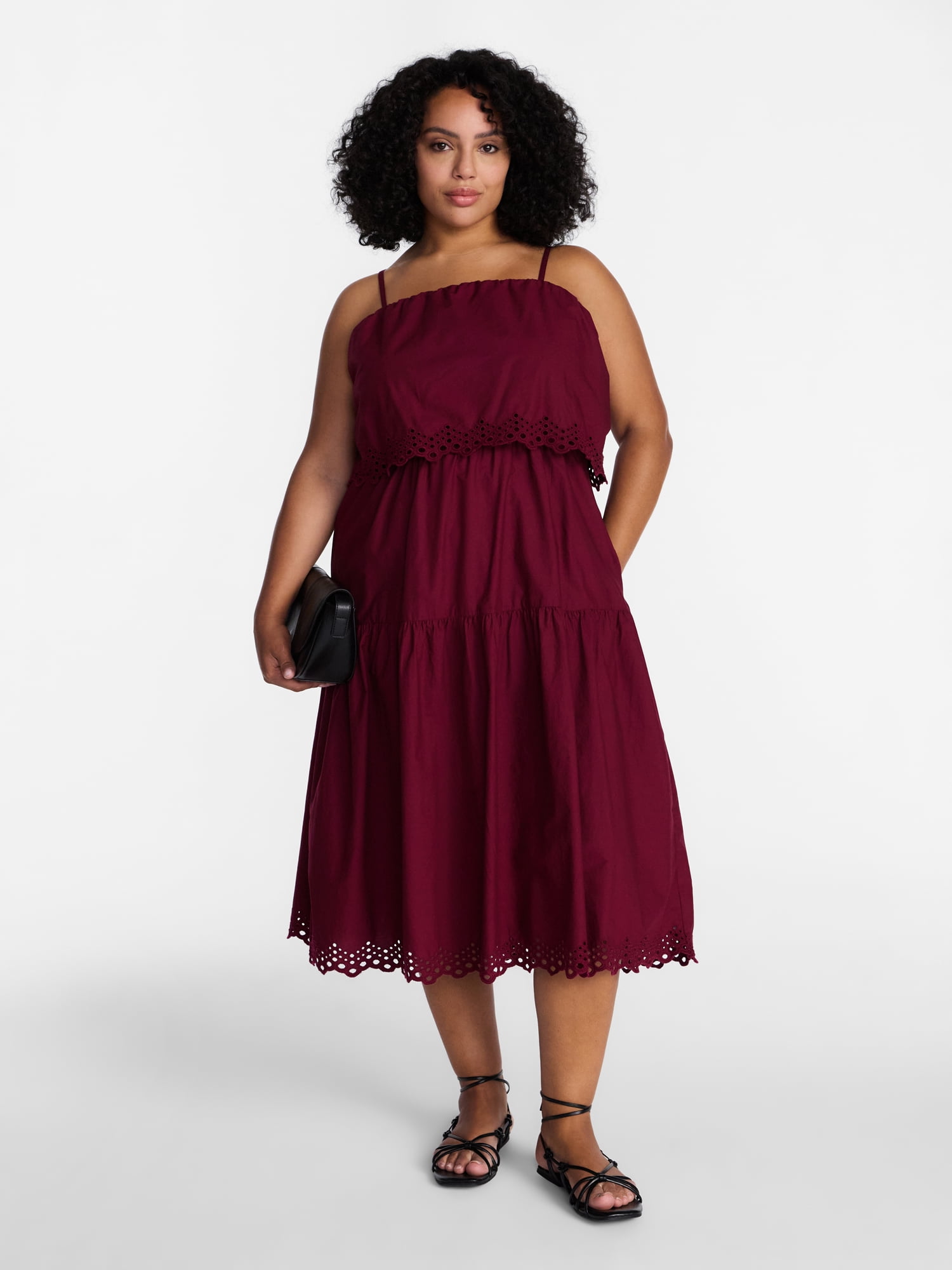 Time and Tru Women's and Women's Plus Sleeveless Cotton Midi Dress with Eyelet Trim, Sizes XS-4X