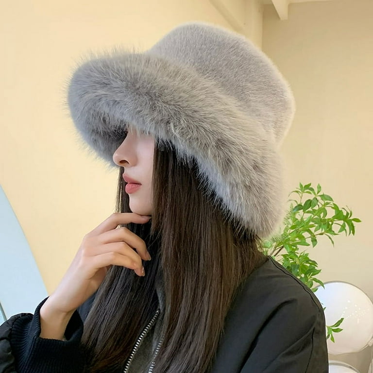 Big Faux Fur Fluffy Bucket Hat for Women Luxury Plush Winter Hat