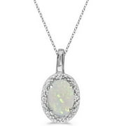 Oval Opal and Diamond Pendant Necklace 14k White Gold (0.55ctw)
