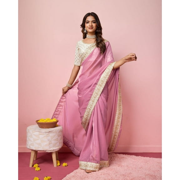 Traditional Sari Bollywood Indian Wedding Party Wear Organza Silk Saree Blouse and Soft Taby Silk Organza Saree