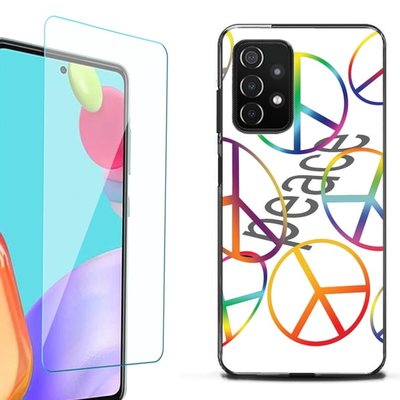 Slim-Fit Flexible TPU Gel Phone Case (black) for Samsung Galaxy A52 5G, with Tempered Glass Screen Protector, by OneToughShield ® - Colorful Peace