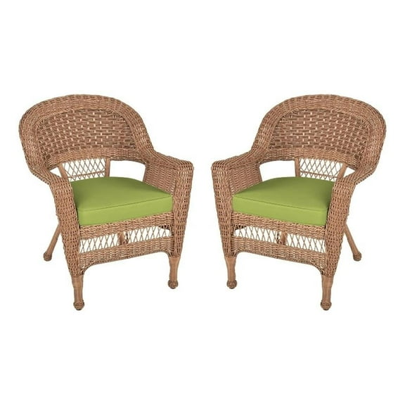 Afuera Living Wicker Chair in Honey with Green Cushion (Set of 2)