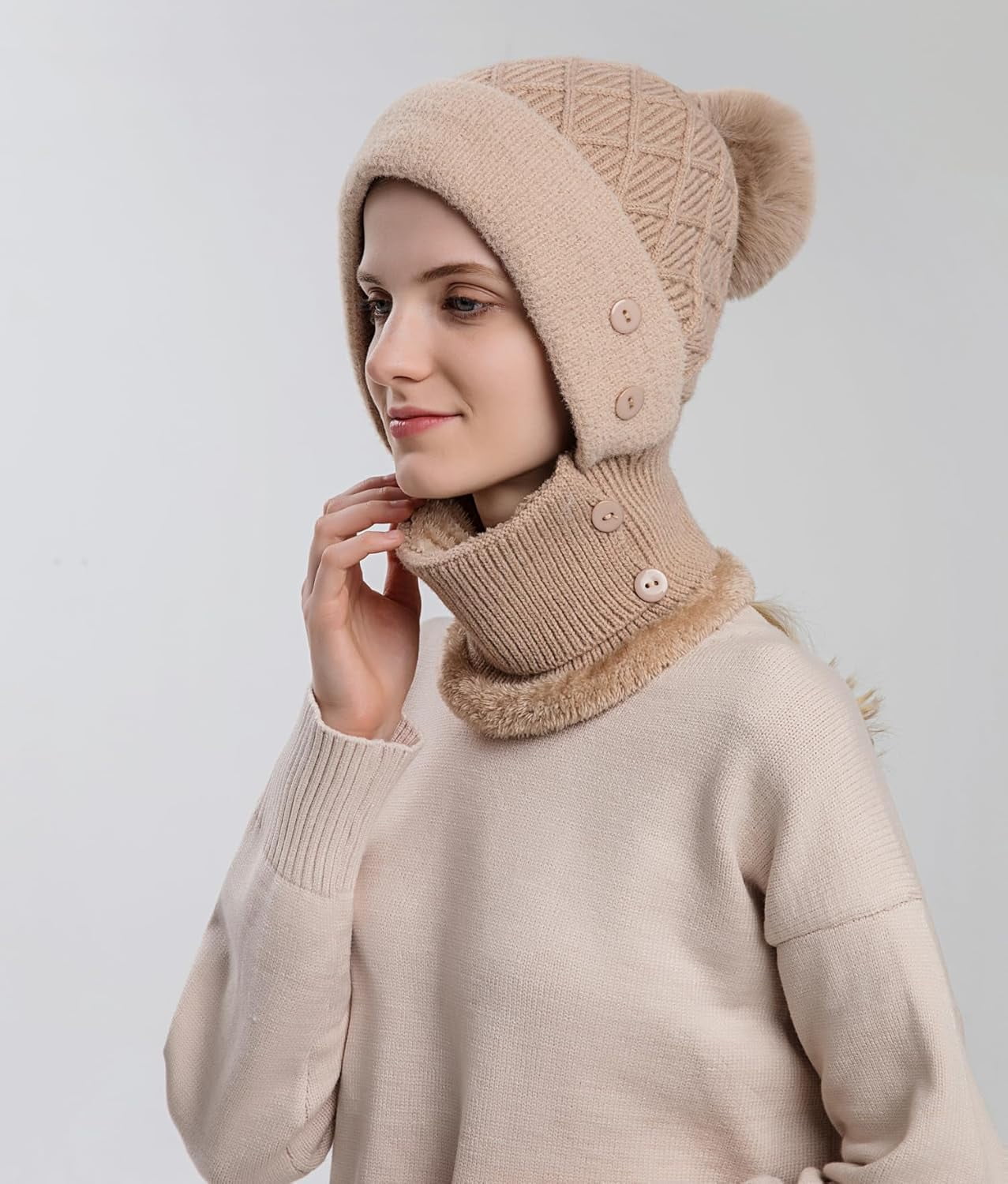 YooGuoGuo Women Winter Beanie Hats One Piece Fleece Lined Knit Balaclavas Mask Set Skull Neck Circle Scarf Ski Snow Hat Pompom