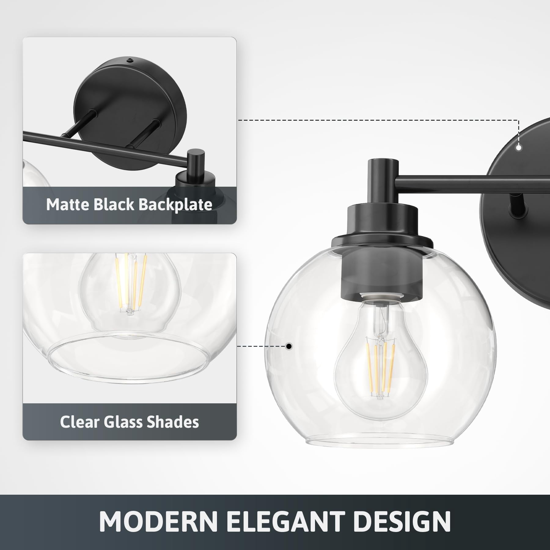 Bathroom Light Fixtures  2-light Vanity With Globe Glass Shades E26 Sockets Lights For Bedroom Hallway Living Room Black Finish