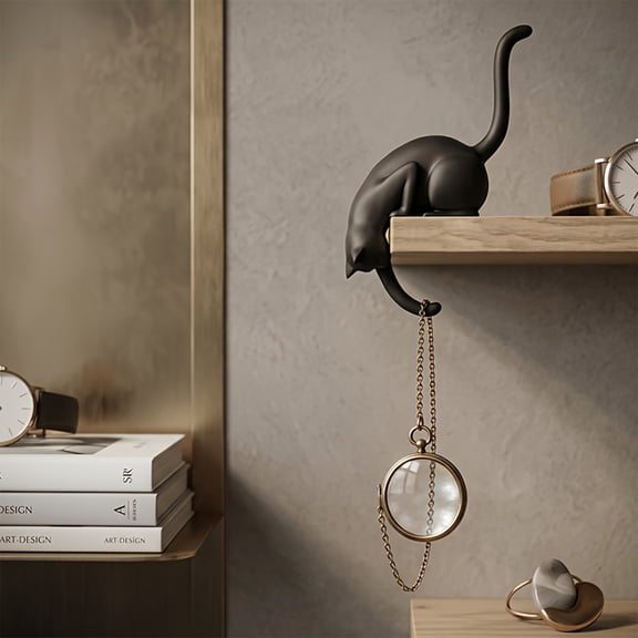 Cat Tail Key Holder, Cat Wall Hooks and Animal Wall Hanger, for Keys, Bags and Accessories, Black