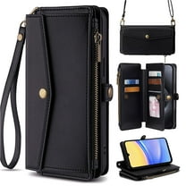 for Samsung Galaxy S25 Case Wallet with Card Holder Zipper Bills Slot, Soft PU Leather Detachable Shoulder Strap and Wrist Strap Kickstand for Samsung Galaxy S25 Rugged Cover, Black