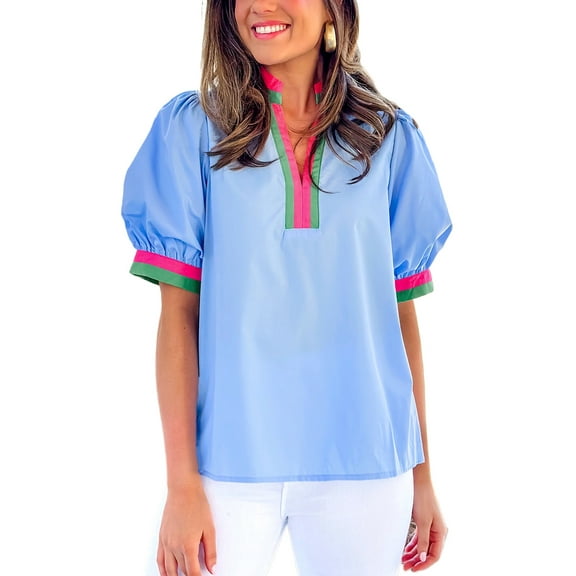 Women's Sky Blue Contrast Striped V Neck Short Puff Sleeve Blouse | [ZhiHiMeRi] | (US 12-14)L