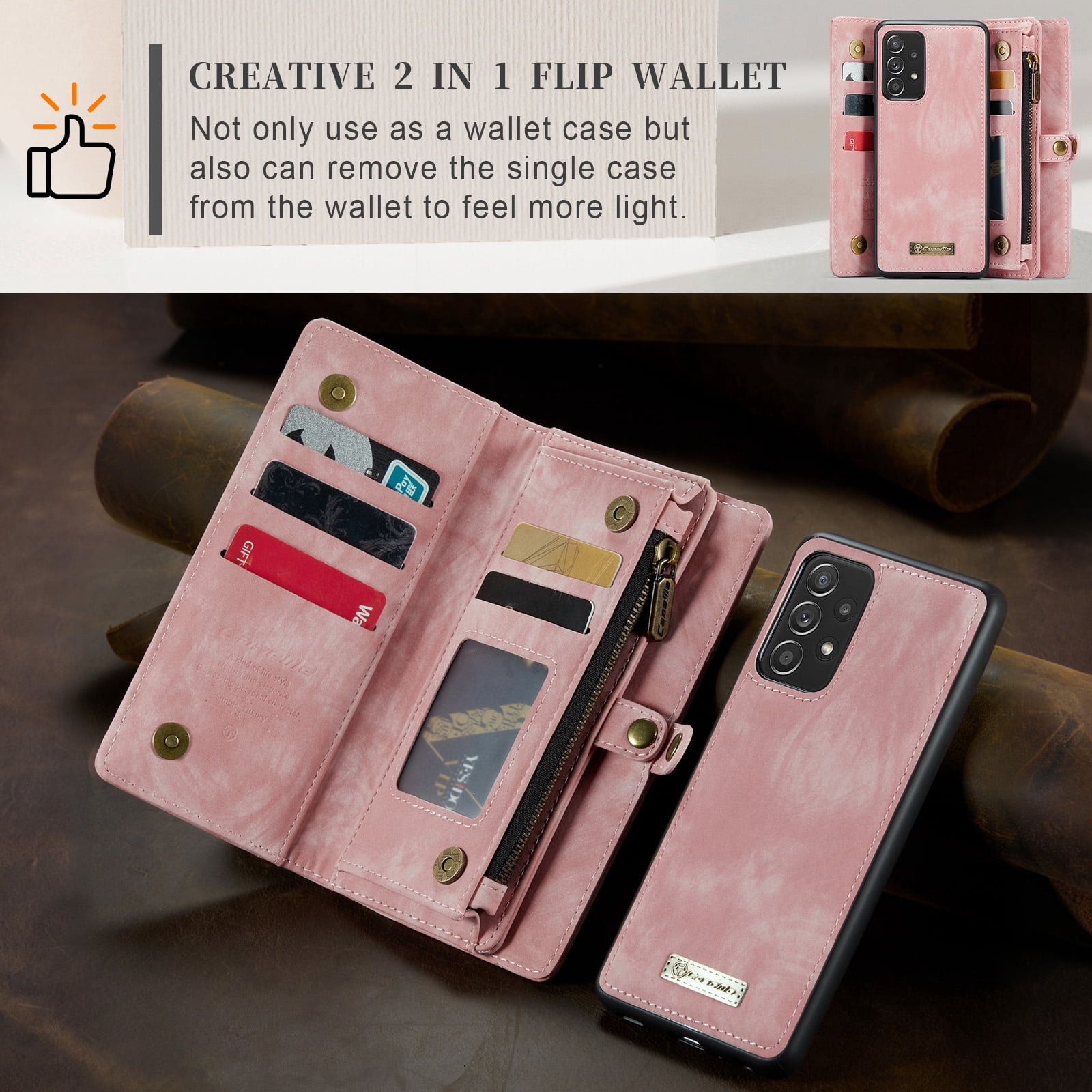 Feishell Durable 2- In-1 Magnetic Detachable Wallet Case for Samsung Galaxy A52 4G/5G,for Women Men,Premium PU Leather Zipper Pocket Flip Multi Card Slots Purse Phone Case with Wrist Strap,Pink