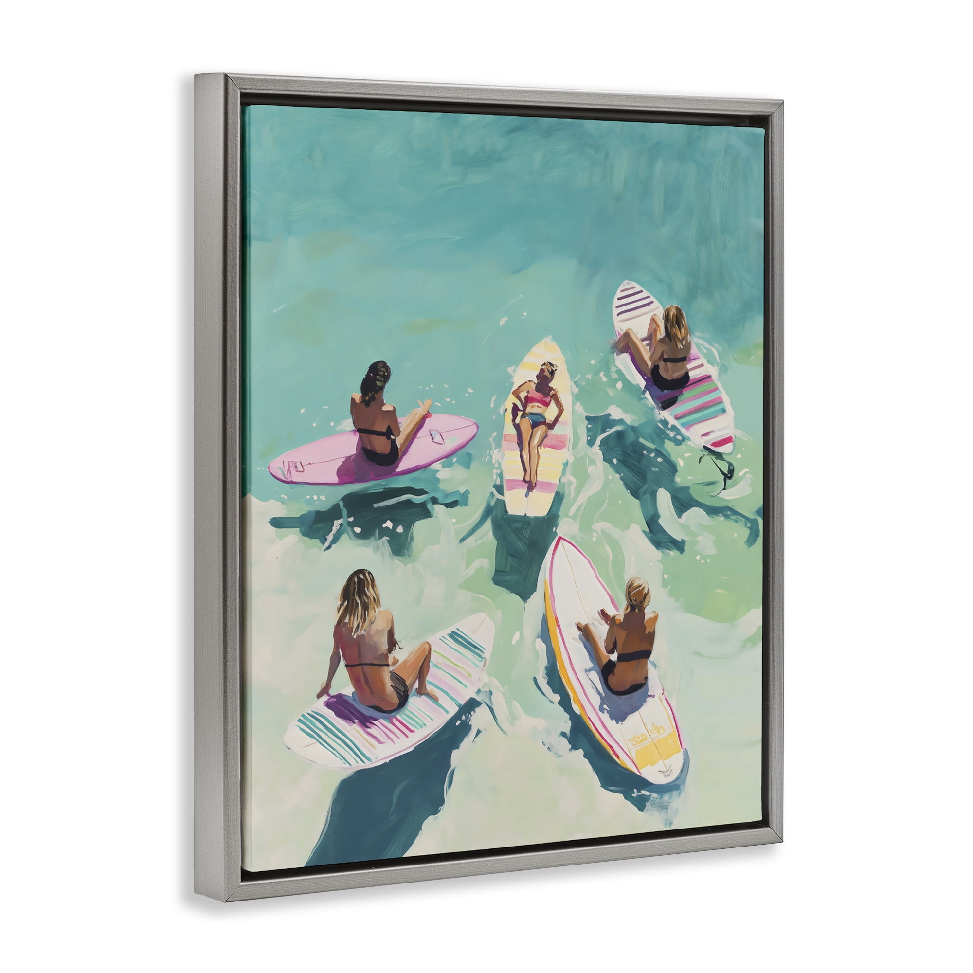Stupell Industries Women Surfers at Turquoise Beach Gray Framed Floater Canvas Wall Art, design by The Prints Vibe