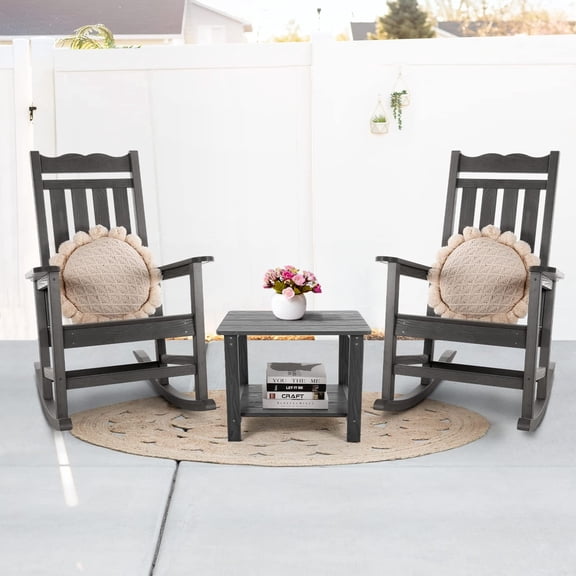Stoog Outdoor Rocking Chair Set of 3, All-Weather Patio Porch Rocker Set of 2 with Table, 400Lbs Support HIPS Garden Rocker with High Back, Grey