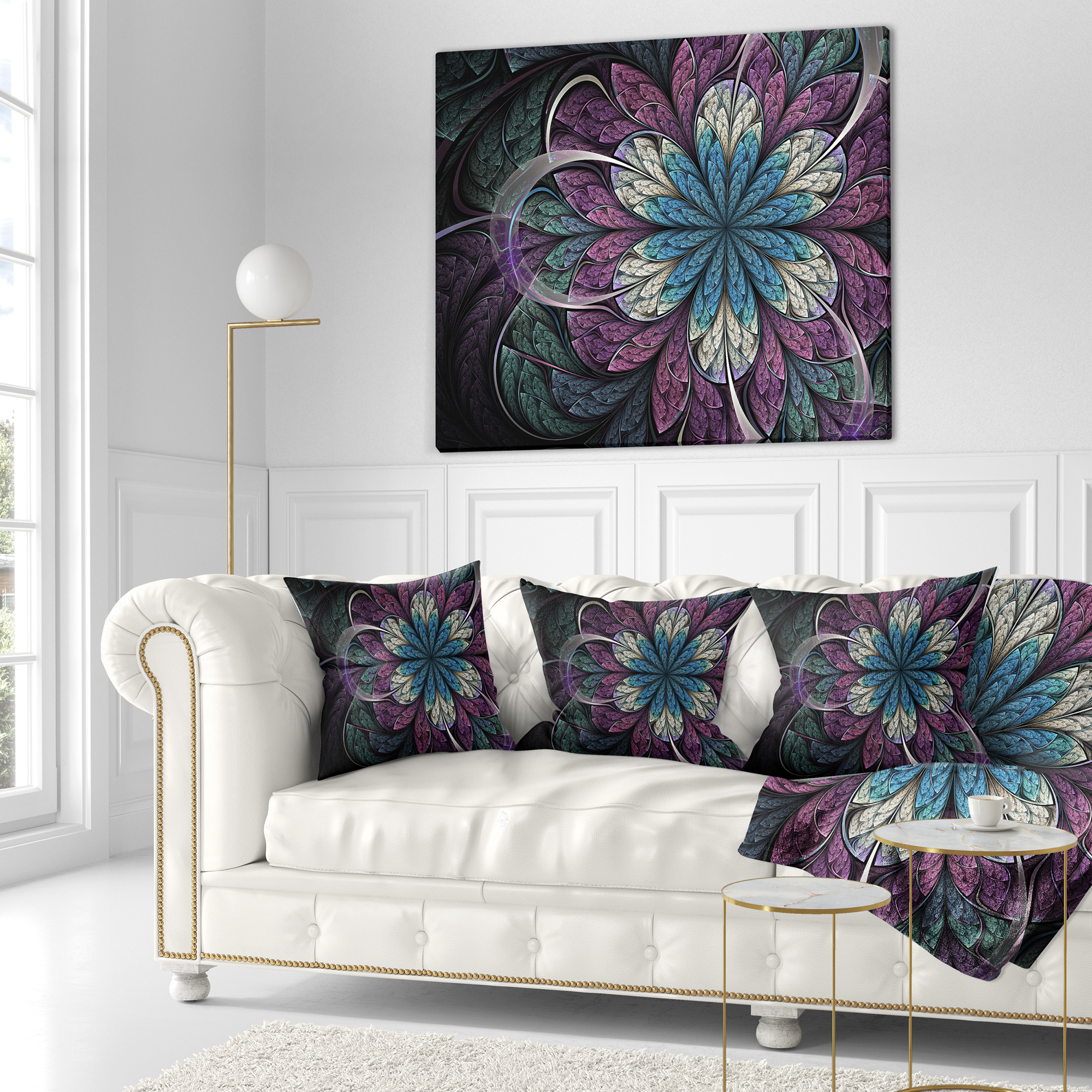 Designart Purple Blue Rounded Fractal Flower - Floral Throw Pillow - 16x16