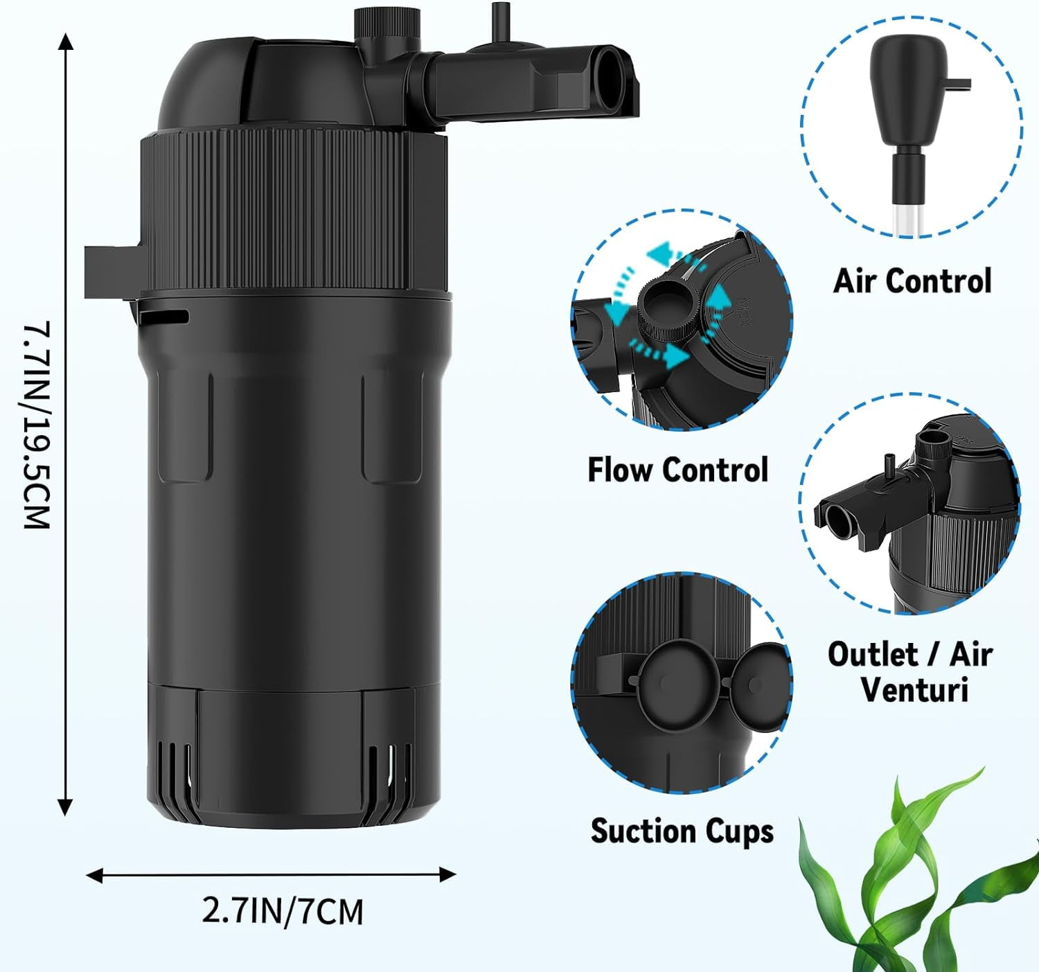 5 in 1 Aquarium Filter, OneHome U-V Light Fish Tank Filter 105 GPH Green Water Cleaning Filter Pump with Timer, Dual Mode (Aeration/Rainfall) for 10-40 Gallon Aquariums (3W U-V 4W Pump)