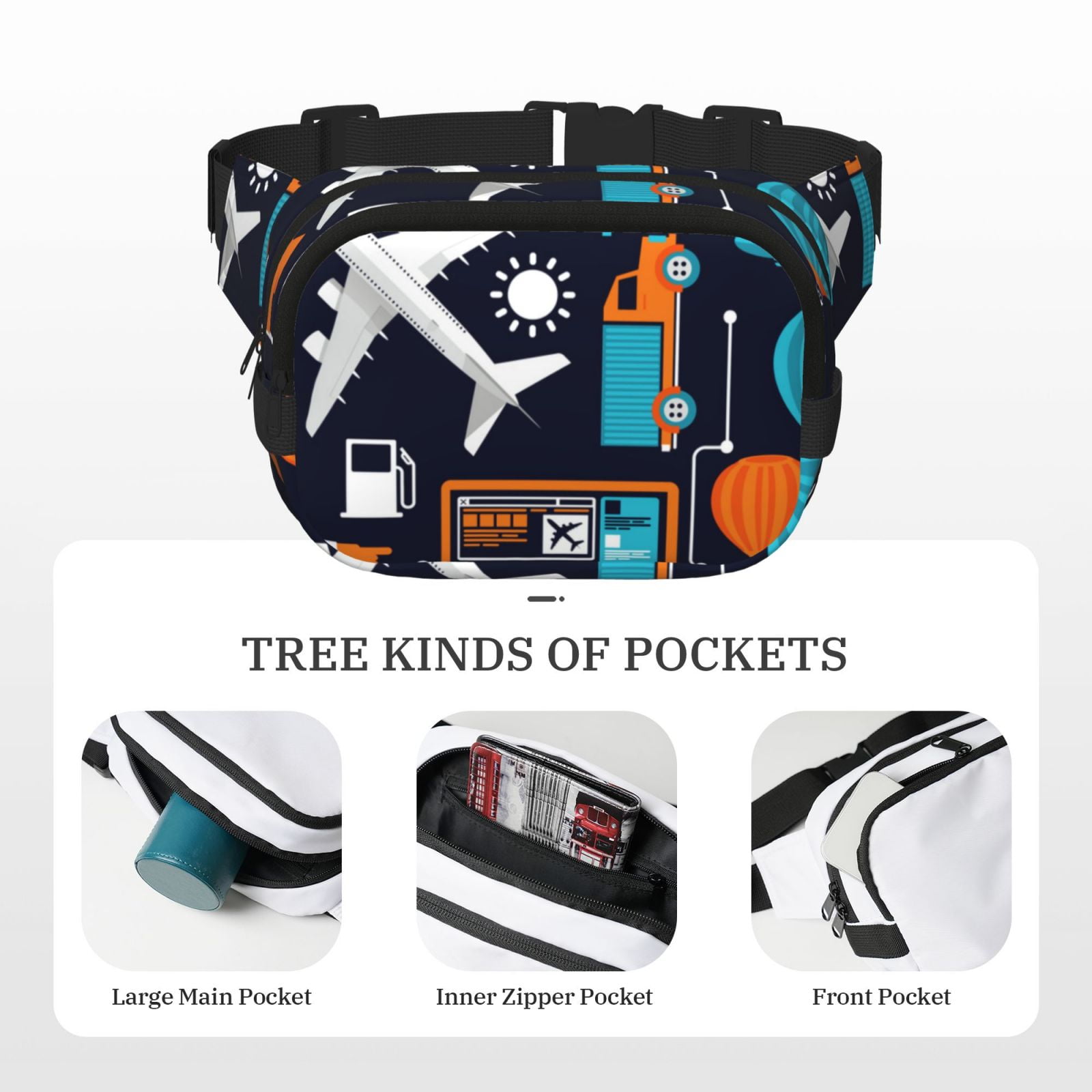 Picia Creative Transport Print Square Double-Layer Waist Bag Mini Adjustable Waist Belt Bag Exercise Running Travel Hiking