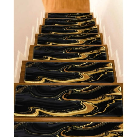 Marble Black Stair Treads for Wooden Steps Indoor Runner Rug Carpet Vintage Gold Art Abstract Farmhouse 7 Pieces Peel and Stick Staircase Step Treads Covers Washable Throw Door Mats 30 x8