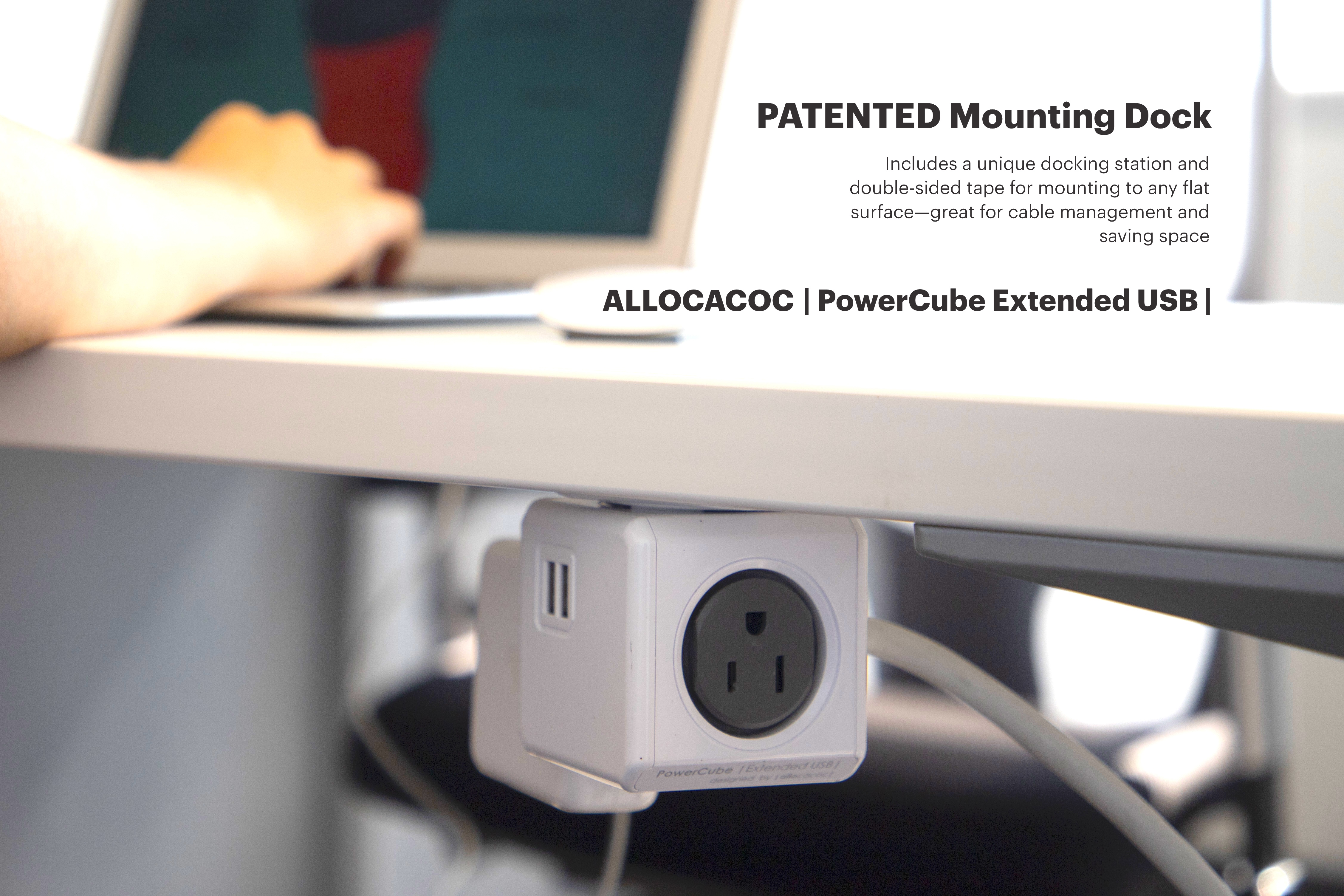 Allocacoc PowerCube Extended USB Surge Protector Charging Station, 4 Outlets 2 USB 5ft Cord w/ Mounting Dock, Space-Saving Power Strip Cube, No Block Design for Home Dorm Office Gift (Blue)