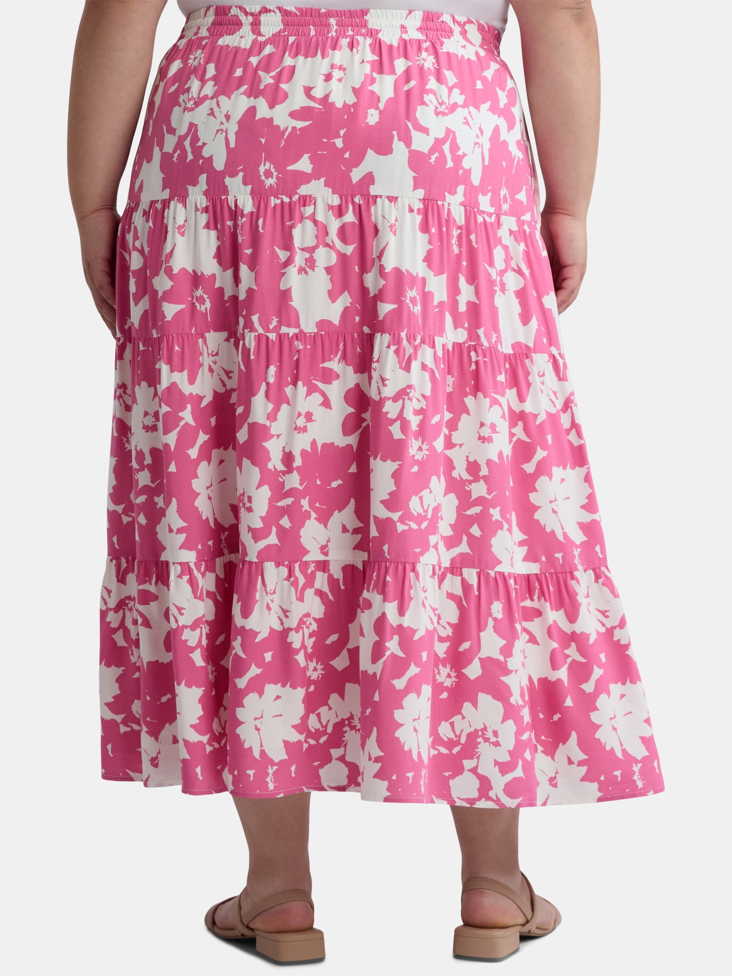 Time and Tru Women’s and Women's Plus Tiered Midi Skirt with Elastic Waistband, Sizes XS-4X