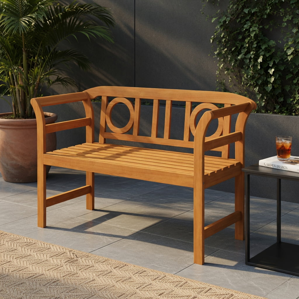 Hommoo Acacia Wood Outdoor Loveseat for 2, Sturdy Patio Bench with Backrest & Armrests, Natural