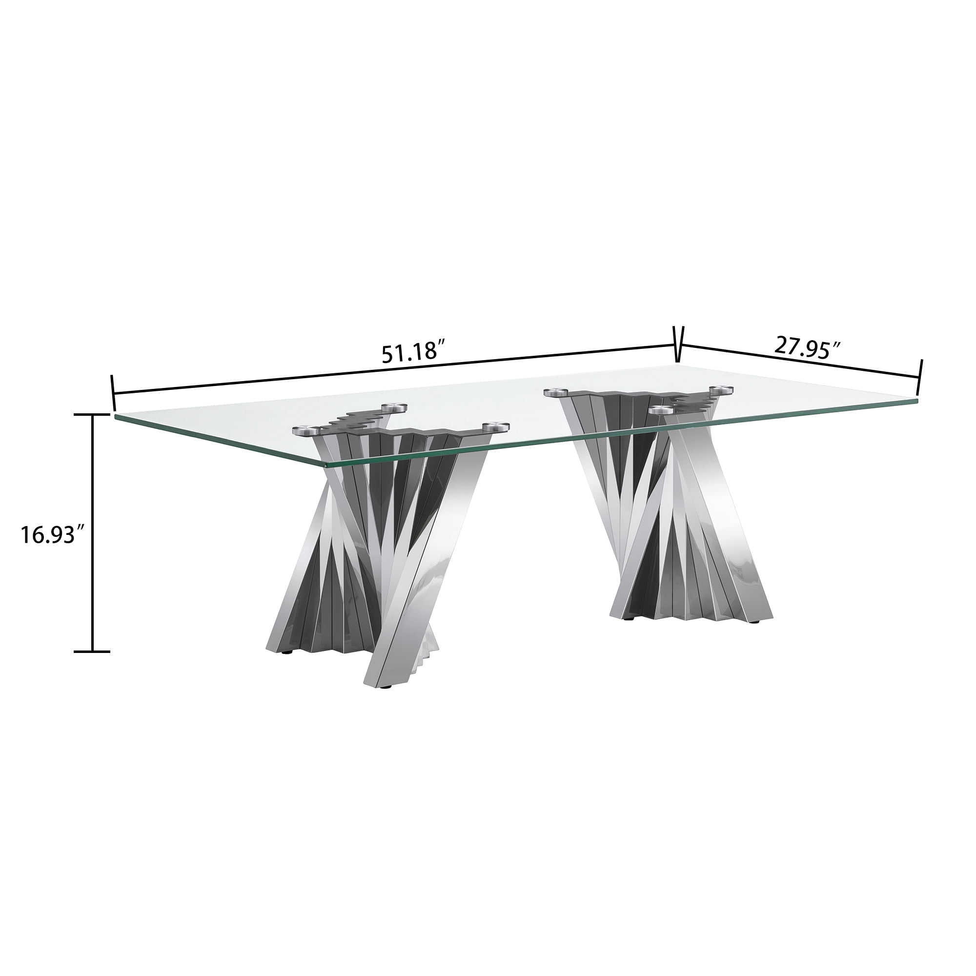 51" Glass Coffee Table with Rectangular Tempered Glass Top & Flash-Shaped Irregular Stainless Steel Base, Central Table, Cocktail Table, Tea Table for Living Room, Office.