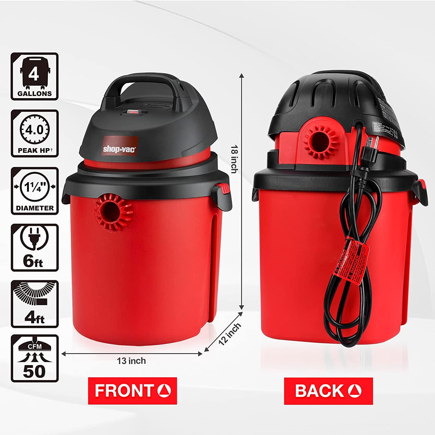 Shop-Vac 4 Gallon 4.0 Peak HP Wet/Dry Vacuum, Portable Compact Shop Vacuum with Tool Holder, Wall Bracket, Ideal for Home, Garage, Workshop