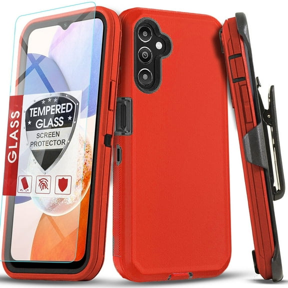 Starshop Galaxy A32 5G case, With Tempered Glass Protector, Shockproof Protection Rugged Hybrid Drop Belt Clip CoverRed