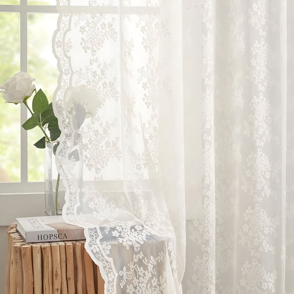 AUQ Vintage Lace Curtains 84 Inches Long-Romantic Flowers and Branch Sheer Lacy Curtains for Living Room French Door 1 Pair Rod Pocket,52 X 84 Inch Ivory