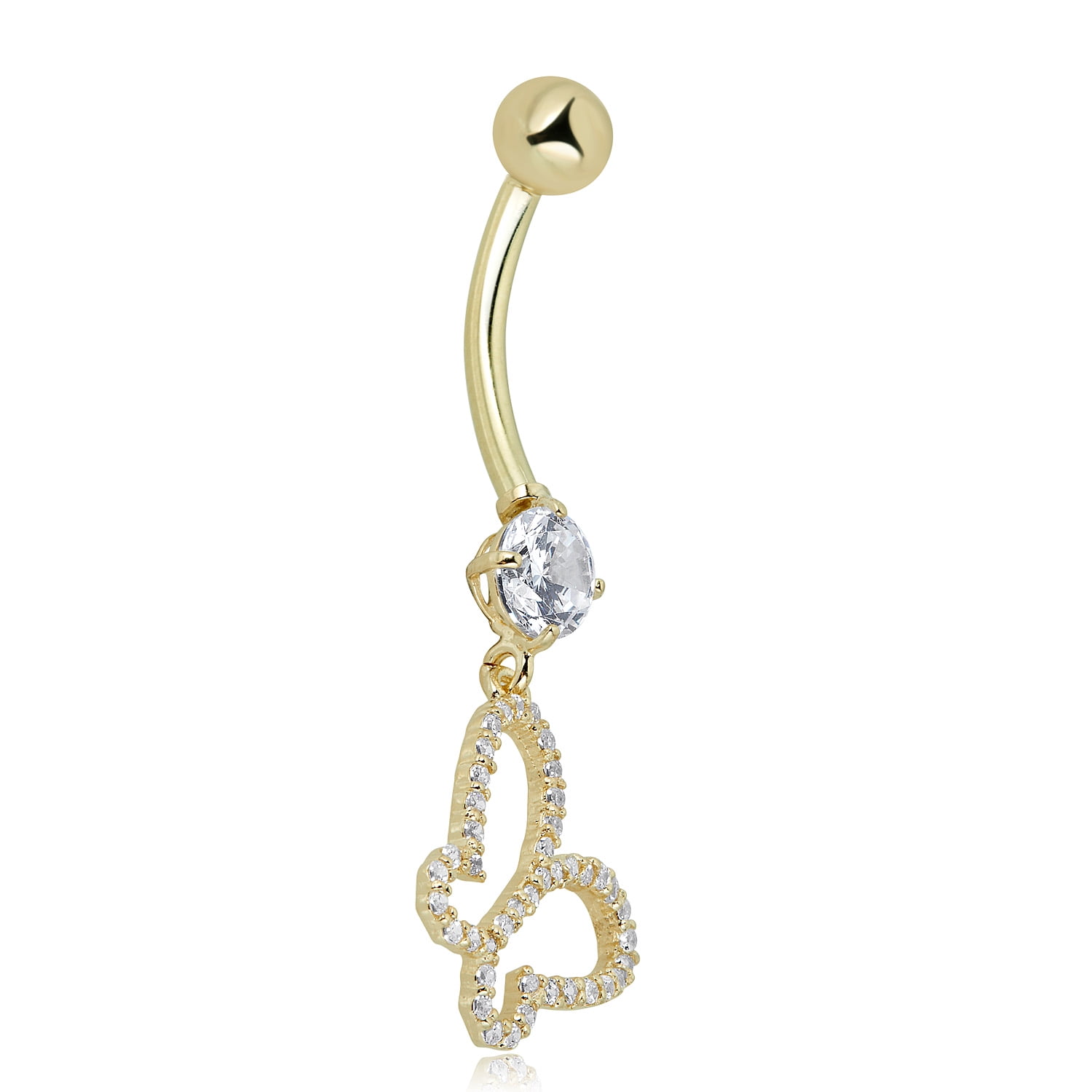 AVORA 10K Yellow Gold Simulated Diamond CZ Dangling Open Butterfly Belly Button Ring Body Jewelry (14 Gauge)