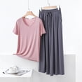thumbnail image 2 of Zynoxe Pajamas for Women Set Two Piece V-neck Short Sleeve Shirts and Drawstring Wide Leg Pants Matching Outfit Loose Comfy Lounge Sets, 2 of 7