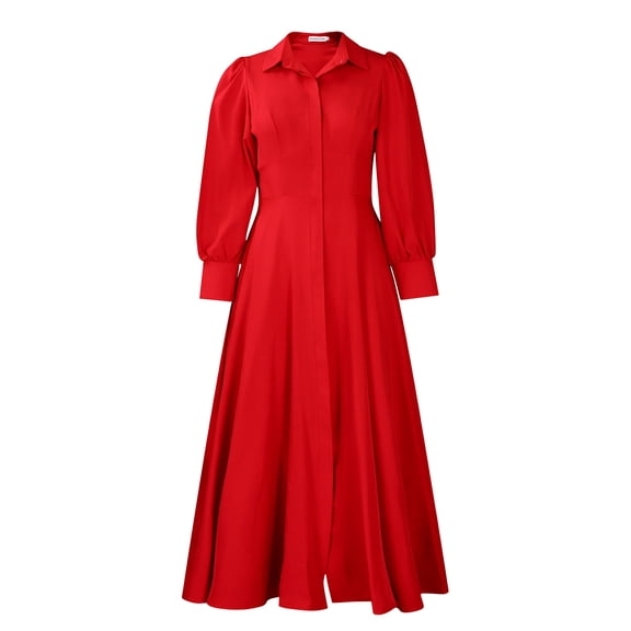 AURA Women’s Shirt Dress Turn Down Collar Puff Sleeve Long Sleeve Solid Color S XXXL