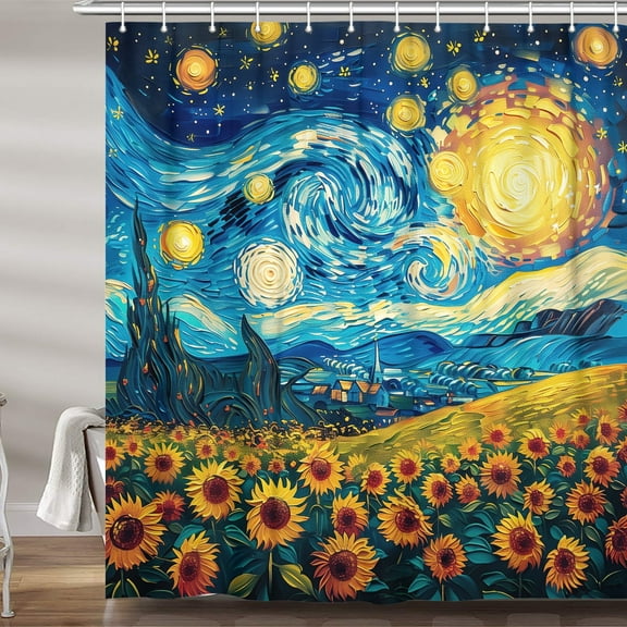 Sunflower Starry Night Art Shower Curtain, Vintage Fantasy Nature Oil Painting Fall Flower Fabric Shower Curtains Set for Bathroom Decorative, Restroom Decor Accessories with Hooks 72X72 inch