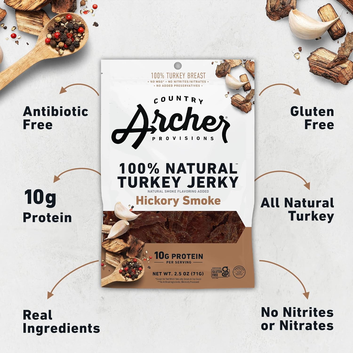 Pack of 12, Country Archer Hickory Smoke Turkey Jerky, 2.5 oz