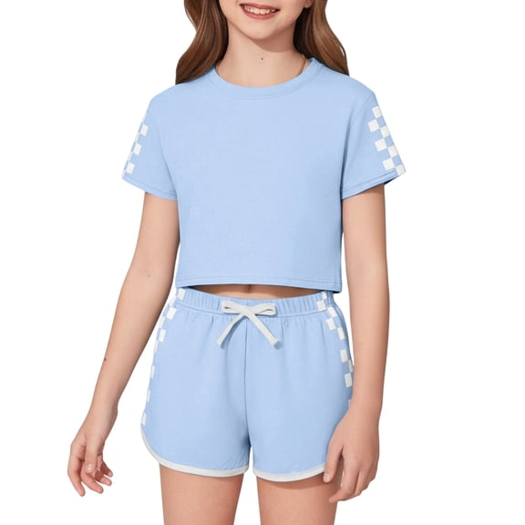 Grblisyd Short Sets for Girls Plaid Print T-Shirt and Shorts Set Loose Soft Summer Tracksuit Athletic Clothing Sets Light Blue 5-6Y