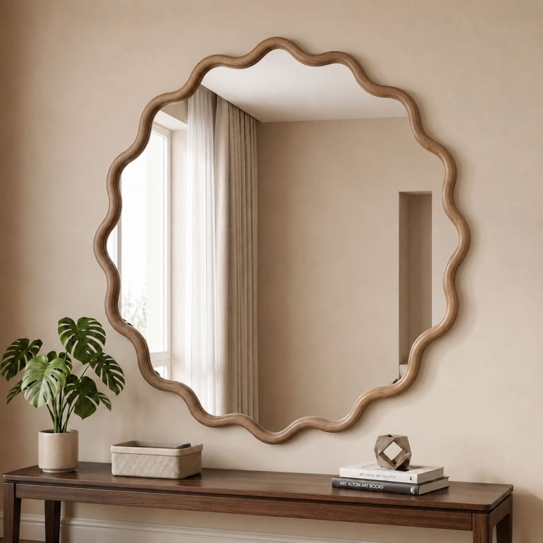 Beautypeak 30 Inch Wavy Round Wall Mirror with Wood Frame photo 1
