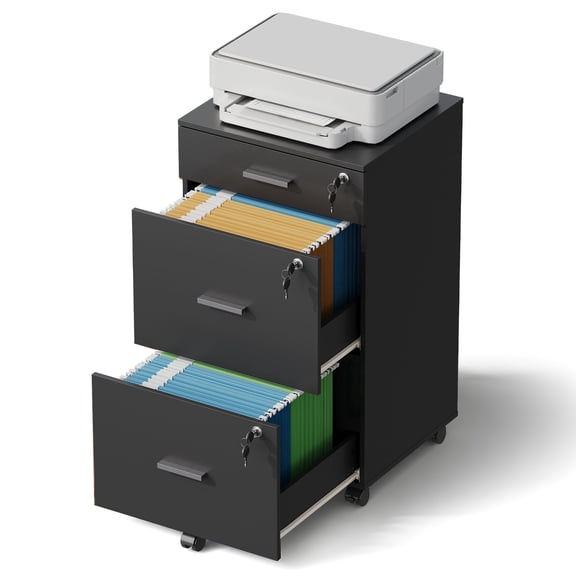 GALAXHERO Filing Cabinet with Lock and Key, 3 Drawer Rolling File Cabinet, Wood File Cabinet for Home Office, Fits Letter/A4 Size, Black