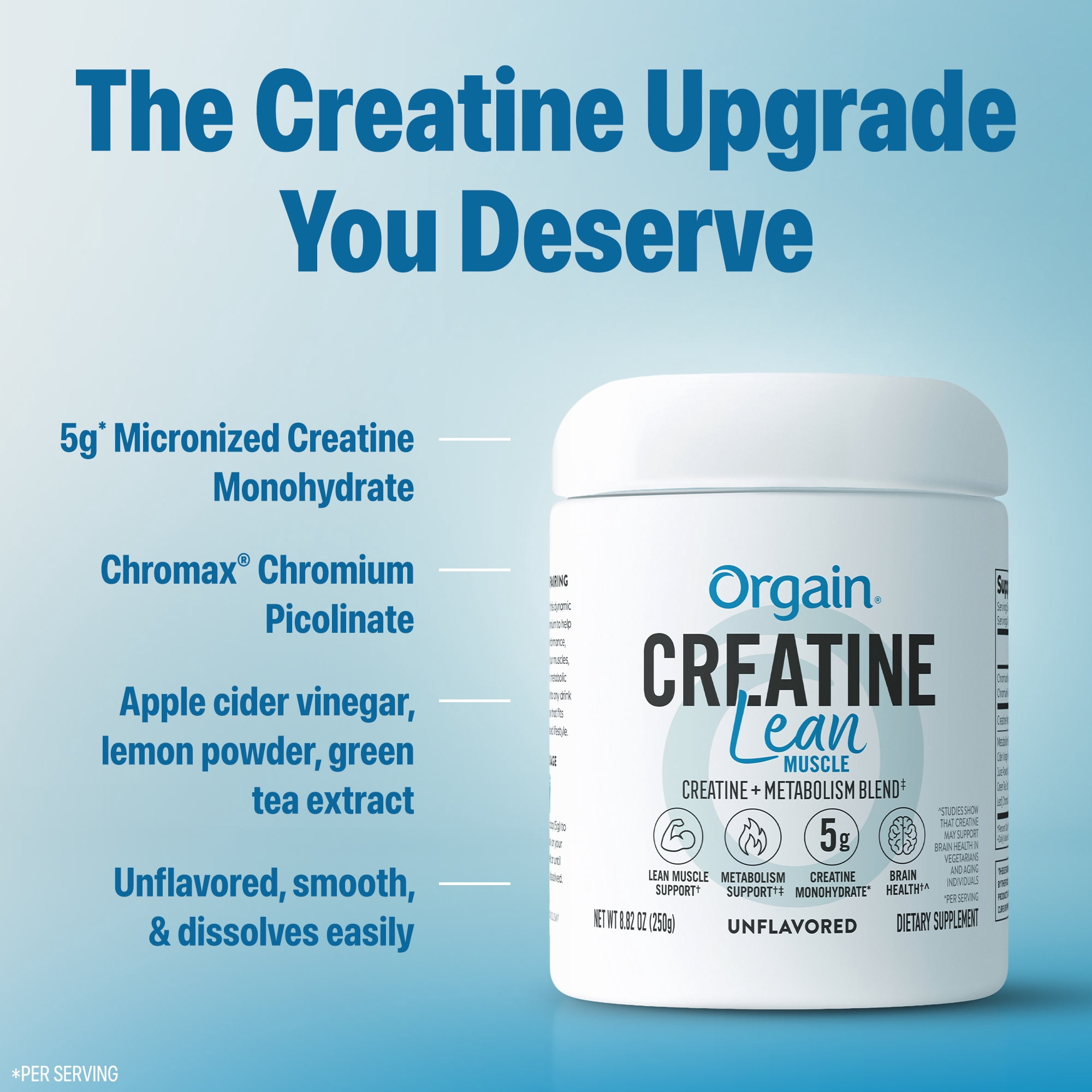 Orgain Creatine Lean Muscle Monohydrate Powder, Metabolism Blend, Unflavored, 50 servings, 8.82 oz