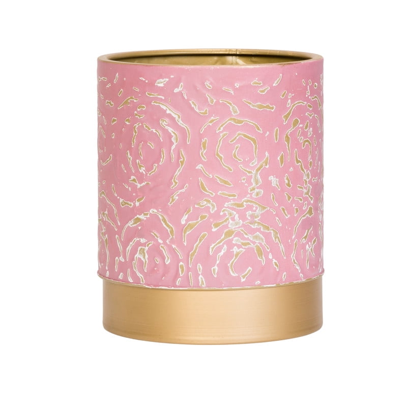 Floral Metal Waste Basket With Gold Base - Pink & Gold - 10"H x 8"W