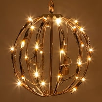 Wintergreen Lighting 8" LED Hanging Ball Light Indoor-Outdoor Christmas Light Ball, Brown Fold-Flat Metal Frame, Warm White Lights