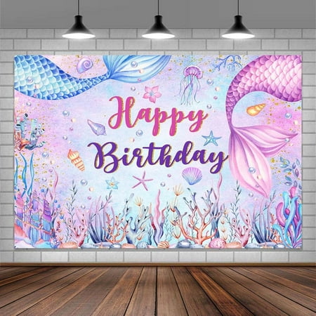 Mermaid Backdrop,Kids Birthday Photograph Backdrop,Girl Birthday Party Background,Happy Birthday Backdrop Coralline Bday Backdrop for Girls Birthday Mermaid Theme Birthday Party Decor 6X4FT