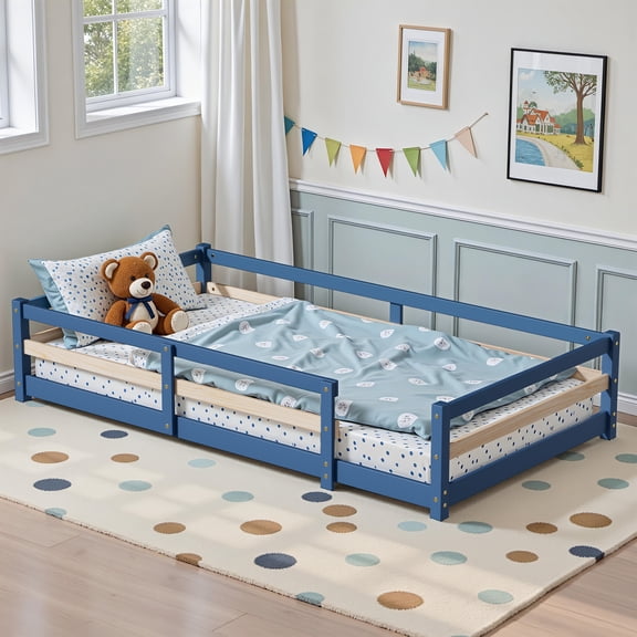 Twin Size Floor Bed for Children Girls Boys, Wood Strip Montessori Bed Frame with Reinforced Safety Guardrails and Slats, Mist Blue