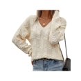 thumbnail image 3 of Women'S Trendy V Neck Hollow Knit Long Sleeve Loose Pullover Sweater Apricot Color XL, 3 of 9
