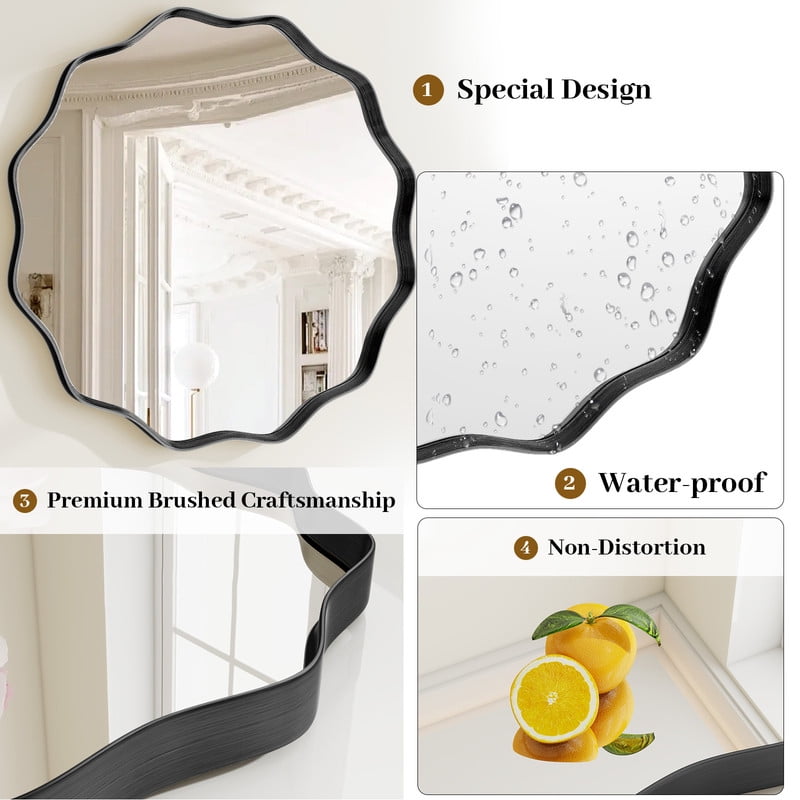 Easy4Home 24" Wavy Round Decorative Mirror With Deep Frame, Black