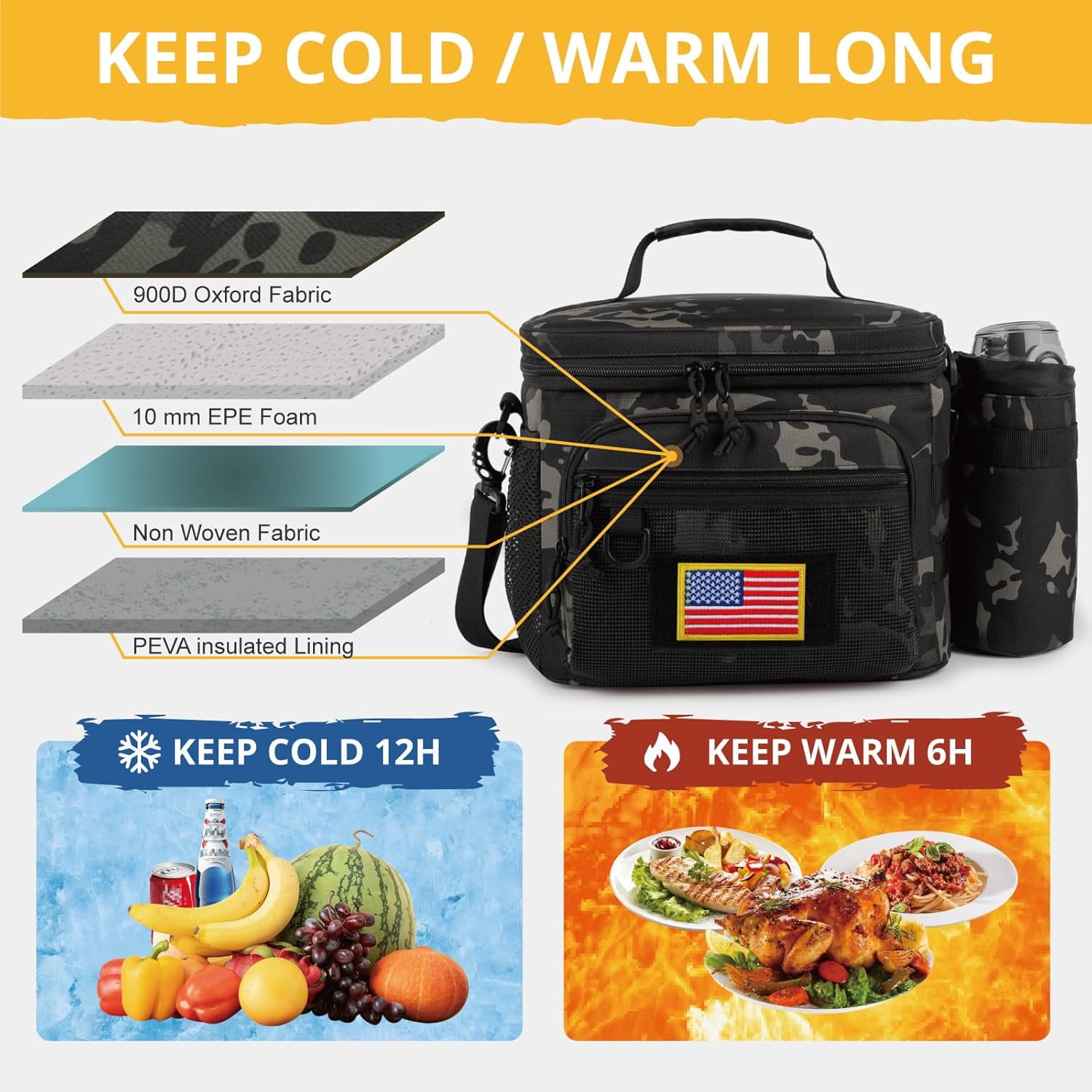 Reusable Lunch Bag for Men/Women - Insulated Lunch Box Leakproof Lunch Pail Freezable with Adjustable Shoulder Strap,Lunch Cooler Bag for Work Office Picnic Beach，Black Camo