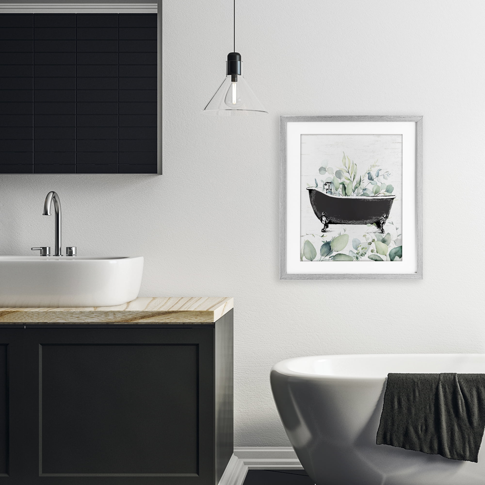 Eucalyptus Leaves Bathtub Gray Framed Print Under Glass, design by Lettered and Lined